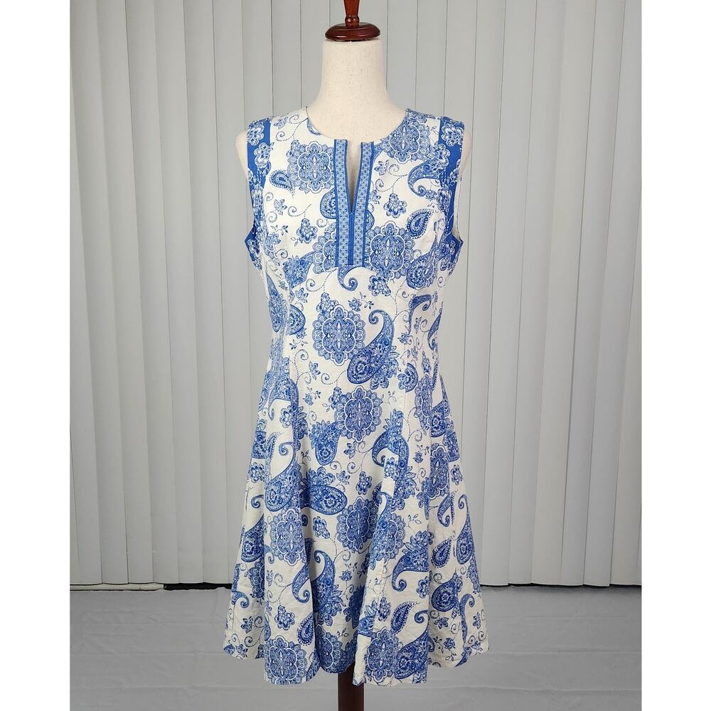 Maggy London Linen Blend Paisley A-Line Fit & Flare Dress Blue White Size US 10